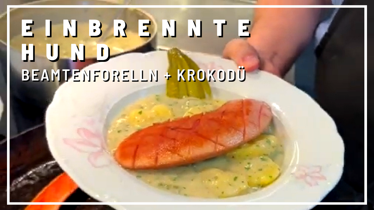Einbrennte Hund mit ana Beamtenforelln und an Krokodü